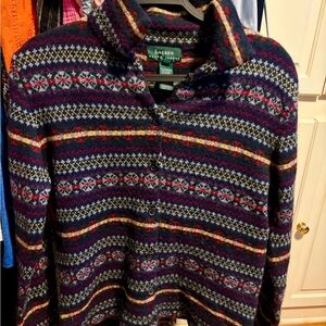 Ralph Lauren Navy and Red Fair Isle Wool Cardigan